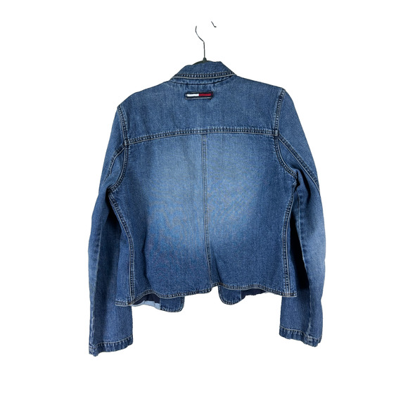 Vintage Tommy Jeans Denim Jacket XL Tag Fits S/M – Y2K Varsity 85 Striped Lining - Picture 2 of 6